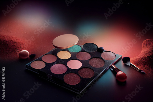 Cosmetics with cosmetic palette and space on blurred background.