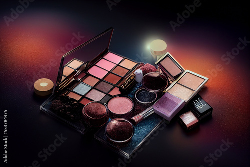 Cosmetics with cosmetic palette and space on blurred background.