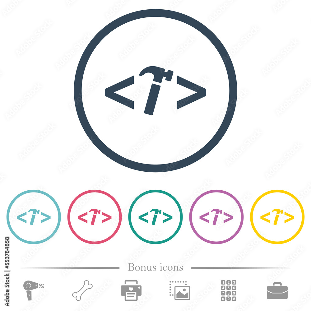 Web development with hammer flat color icons in round outlines Web development with hammer flat color icons in round outlines