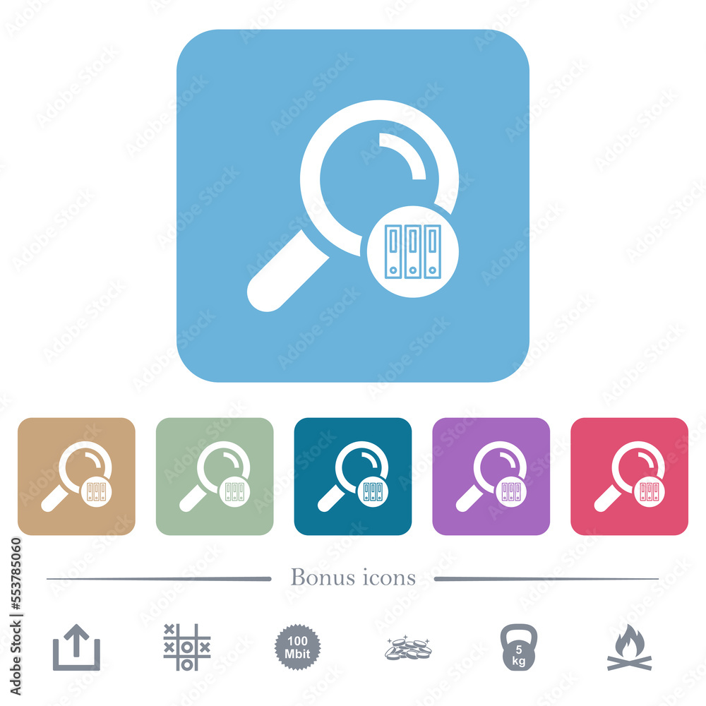 Archive search results flat icons on color rounded square backgrounds Archive search results flat icons on color rounded square backgrounds