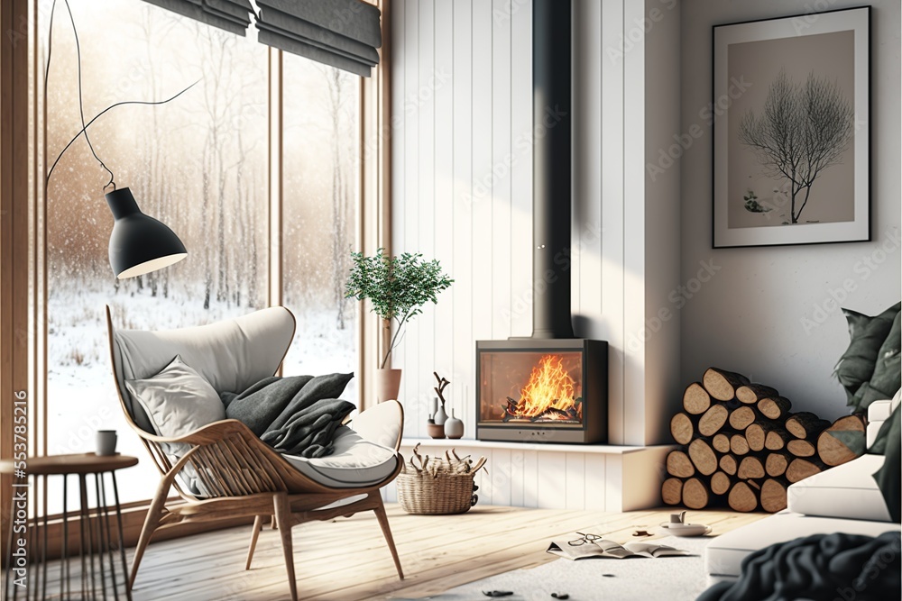 Modern interior japan style design living room. Lighting and bright.  Scandinavian apartment with plaster and wood and fireplace Stock  Illustration | Adobe Stock