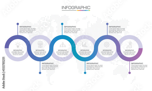 Infographics design 6 steps with marketing icons can be used for workflow layout, diagram, annual report, web design.