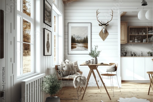 Warm and cozy Scandinavian-style interior with white wooden wall and pictures on the wall 
