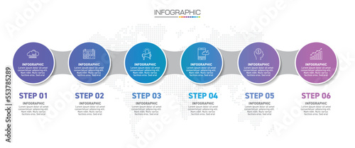 Infographics design 6 steps with marketing icons can be used for workflow layout, diagram, annual report, web design.