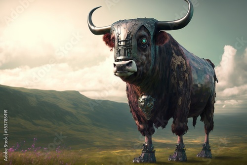 Synthwave cyberpunk robot cow illustration in Scottish highlands