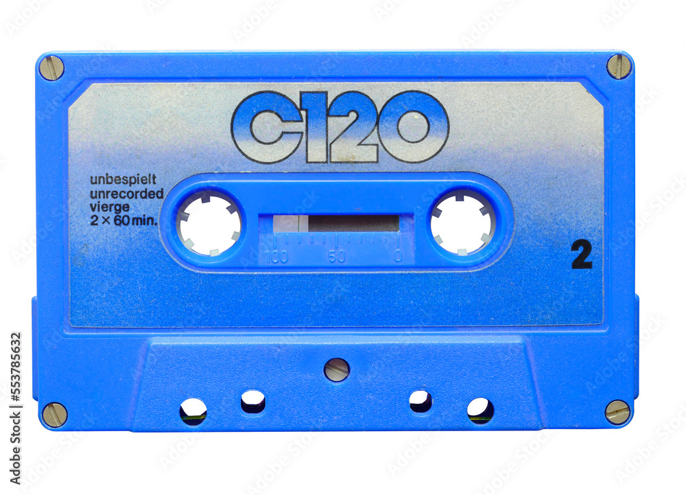 Fototapeta premium Vintage audio cassette tape from the seventies on transparent background,flat lay, copy space