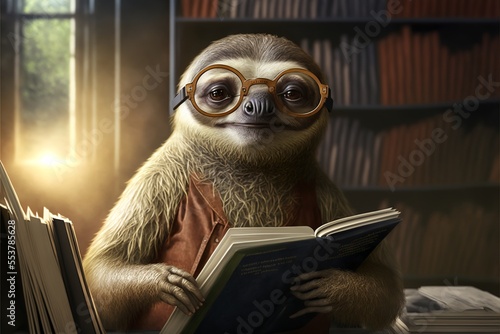Anthropomorphic clever sloth in library illustration