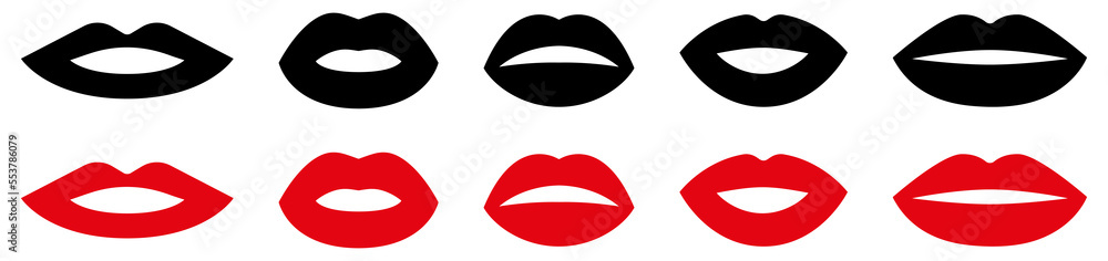 Set of different women's lips icon. Black and red design. Vector illustration isolated on white background Set of different women's lips icon. Black and red design. Vector illustration isolated on white background