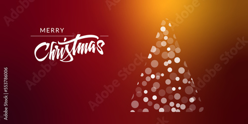 Christmas greeting cards with xmas decoration. Lettering on red Xmas background with winter landscape with snowflakes. Merry Christmas card and invitations. Vector Illustration with Snowfall. (ID: 553786006)