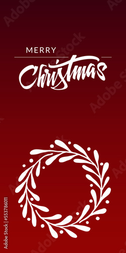 Christmas greeting cards with xmas decoration. Lettering on red Xmas background with winter landscape with snowflakes. Merry Christmas card and invitations. Vector Illustration with Snowfall. (ID: 553786011)