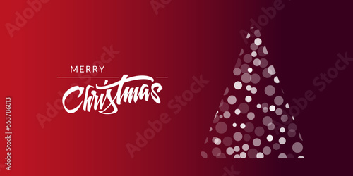 Christmas greeting cards with xmas decoration. Lettering on red Xmas background with winter landscape with snowflakes. Merry Christmas card and invitations. Vector Illustration with Snowfall. (ID: 553786013)