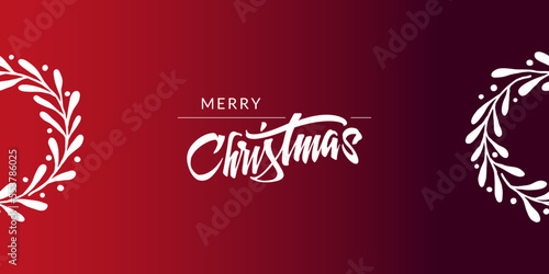 Christmas greeting cards with xmas decoration. Lettering on red Xmas background with winter landscape with snowflakes. Merry Christmas card and invitations. Vector Illustration with Snowfall. (ID: 553786025)