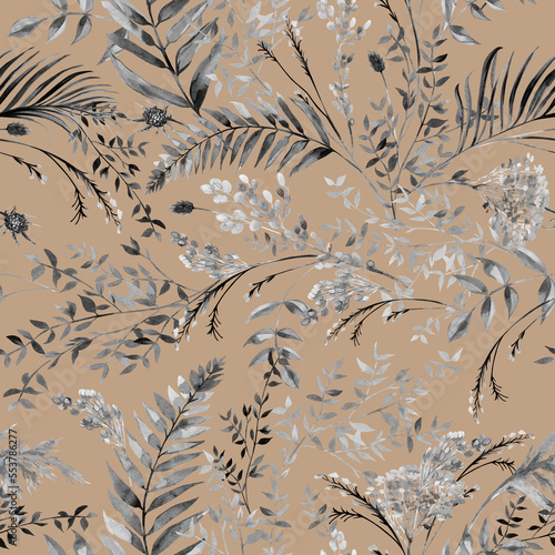 Seamless watercolor pattern with monochrome black and white branches and fern leaves in boho style drawn for summer clothing textiles and surface design