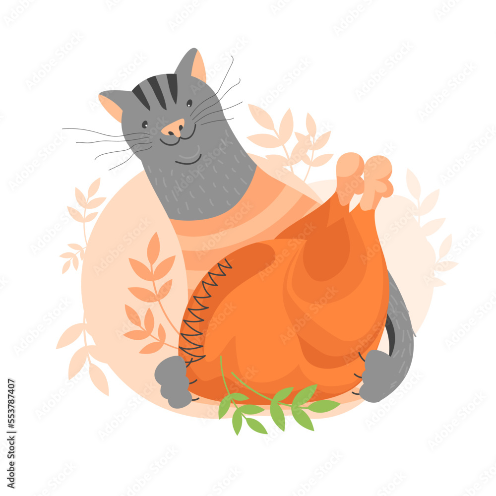 the cat is eating. roast turkey. chicken dish. cat with fried bird. vector illustration the cat is eating. roast turkey. chicken dish. cat with fried bird. vector illustration