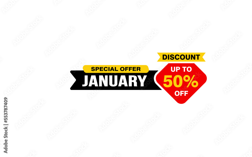 50 Percent JANUARY discount offer, clearance, promotion banner layout with sticker style. 