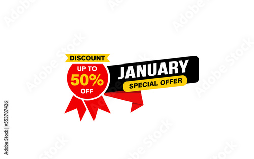 50 Percent JANUARY discount offer, clearance, promotion banner layout with sticker style.  © D'Graphic Studio