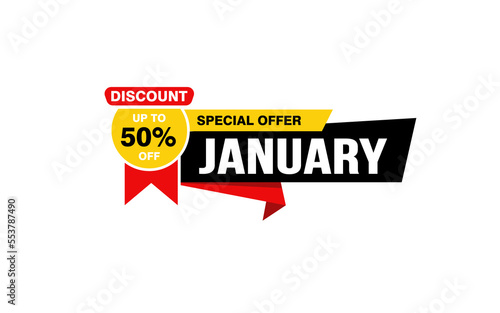 50 Percent JANUARY discount offer, clearance, promotion banner layout with sticker style.  © D'Graphic Studio
