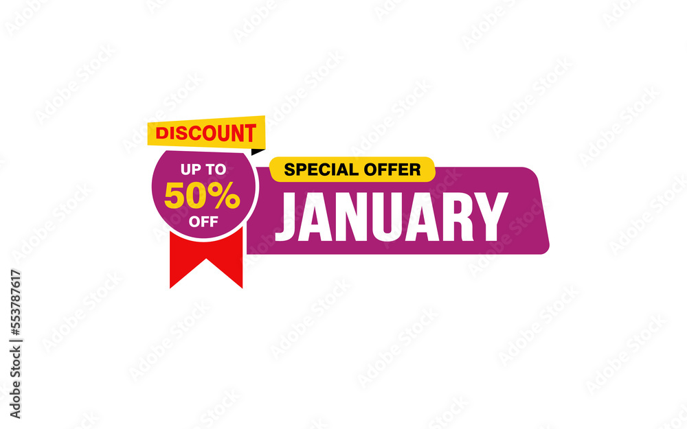 50 Percent JANUARY discount offer, clearance, promotion banner layout with sticker style. 50 Percent JANUARY discount offer, clearance, promotion banner layout with sticker style.