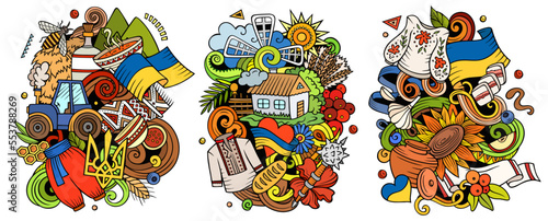 Ukraine cartoon vector doodle designs set.