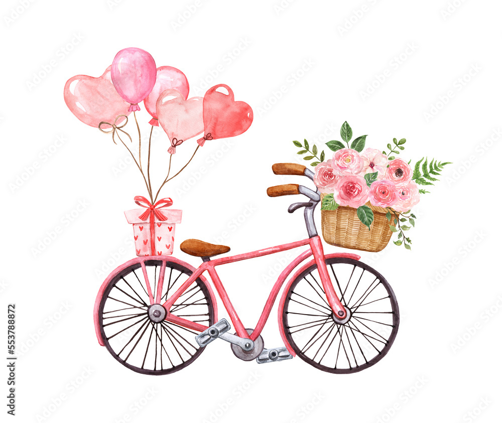 Watercolor hand-painted bike with balloons, and pink roses in a basket. Romantic Valentine's Day illustration.