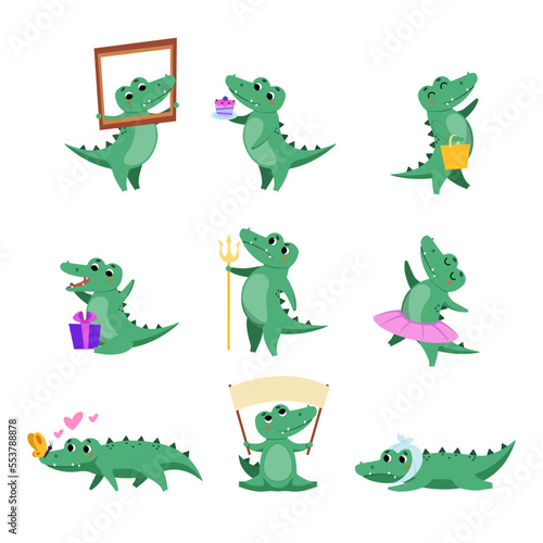 Cute comic crocodile in different poses vector illustrations set. Alligator cartoon character holding banner  dancing  getting birthday gift isolated on white background. Wildlife  emotions concept