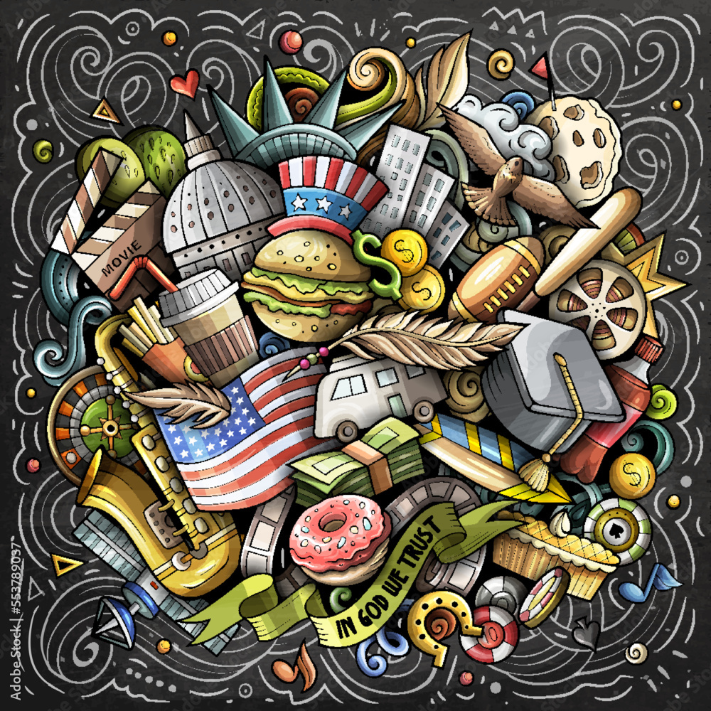 USA cartoon vector doodle chalkboard illustration