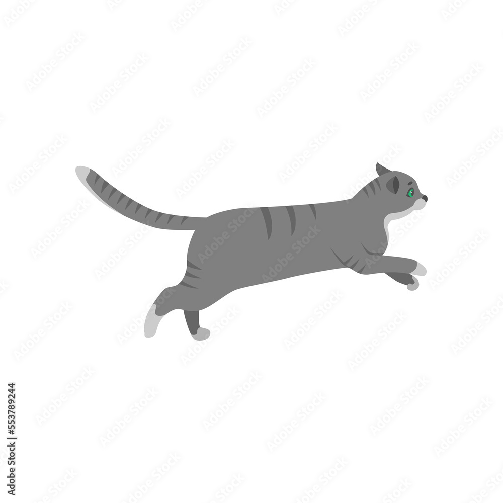 Cute gray cat cartoon character running vector illustration. Pet on walk or in chase isolated on white background. Animals concept for game design Cute gray cat cartoon character running vector illustration. Pet on walk or in chase isolated on white background. Animals concept for game design