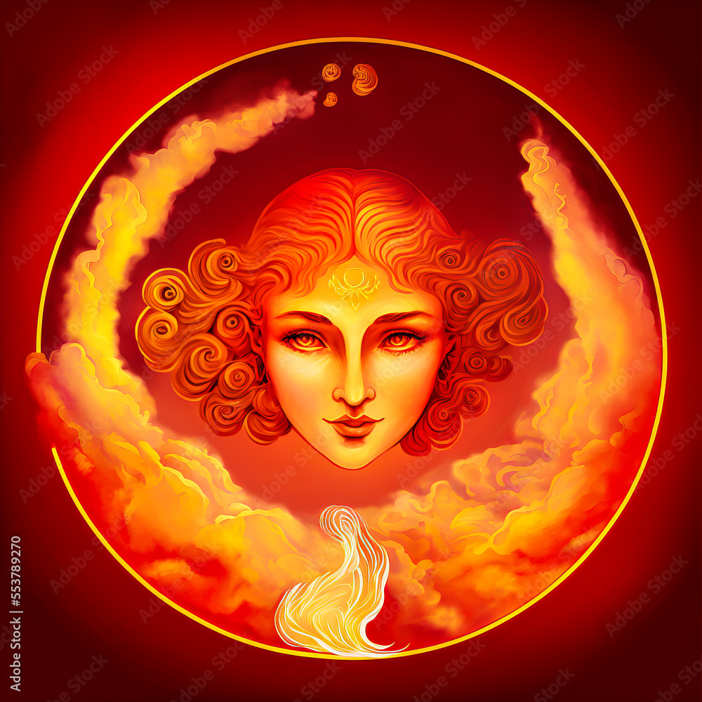 Virgo astrological sign surrounded by a ring of fire and red flames. Symbolizes hell and passion with intense energy and heat for a strong horoscope.