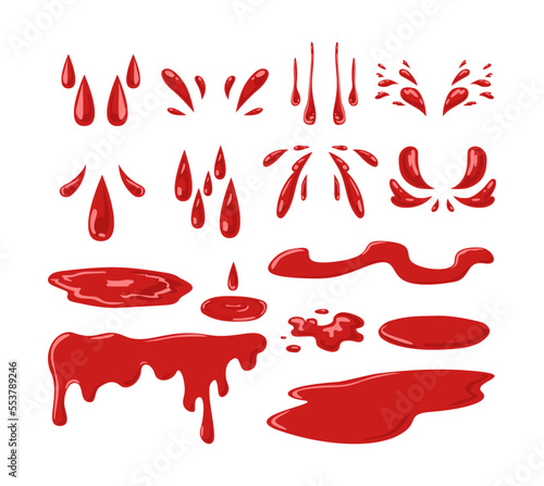 Drops of blood, wine or paint vector illustrations set. Collection of cartoon drawings of droplets, puddles and splashes of red liquid isolated on white background. Crime, violence, art concept