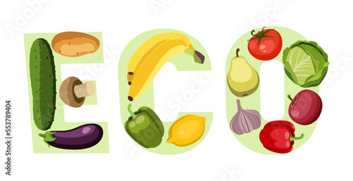Fototapeta Naklejka Na Ścianę i Meble -  Word eco out of vegetables and fruits vector illustration. Cartoon drawings of cucumber, potato, mushroom, banana, apple, pear in shape of word. Food, diet, healthy eating, ecology concept