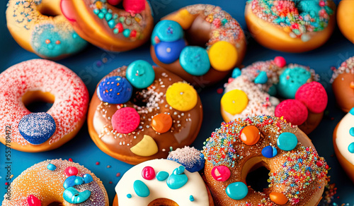 professional food photography closeup of Various decorated moving doughnuts falling on blue background