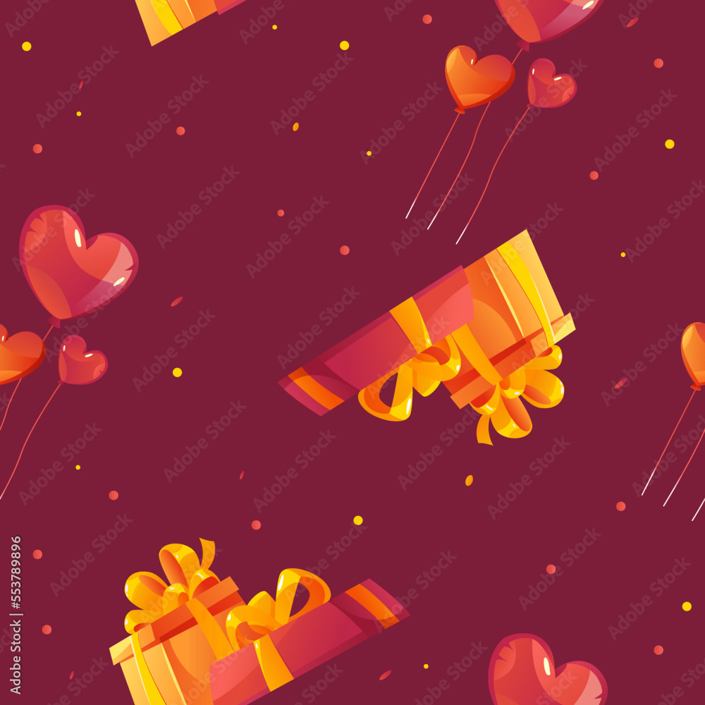 Seamless Pattern with Gift Box, Heart Balloons, Сonfetti. Valentines Day cute illustration. Happy Birthday background for decor, postcard design, wrapping paper, holiday box. Seamless Pattern with Gift Box, Heart Balloons, Сonfetti. Valentines Day cute illustration. Happy Birthday background for decor, postcard design, wrapping paper, holiday box.