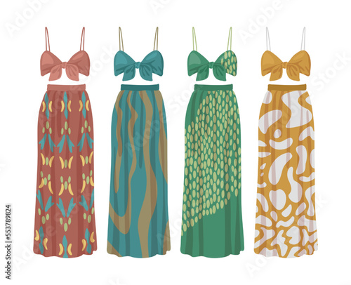Patterned summer dresses vector illustrations set. Collection of cartoon drawings of bras and long skirts for women, beach outfits isolated on white background. Fashion, seasons concept