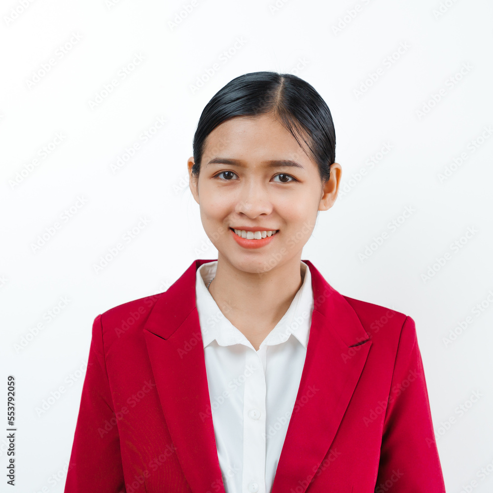 Pretty lovely manager lady successful business asian women in red suit isolated over background. arms crossed, smile and looking camera Pretty lovely manager lady successful business asian women in red suit isolated over background. arms crossed, smile and looking camera