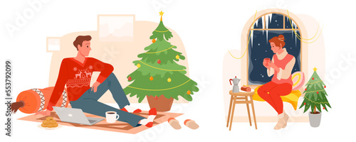Christmas time at home, work and leisure of people set vector illustration. Cartoon cute woman with cup of hot coffee and cake sitting by window, hygge relax of man in warm wool sweater and socks