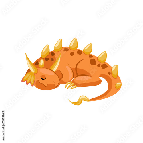 Orange fairytale monster or creature sleeping. Cute colorful baby dragon and dinosaur cartoon illustration. Reptiles, wild animal concept