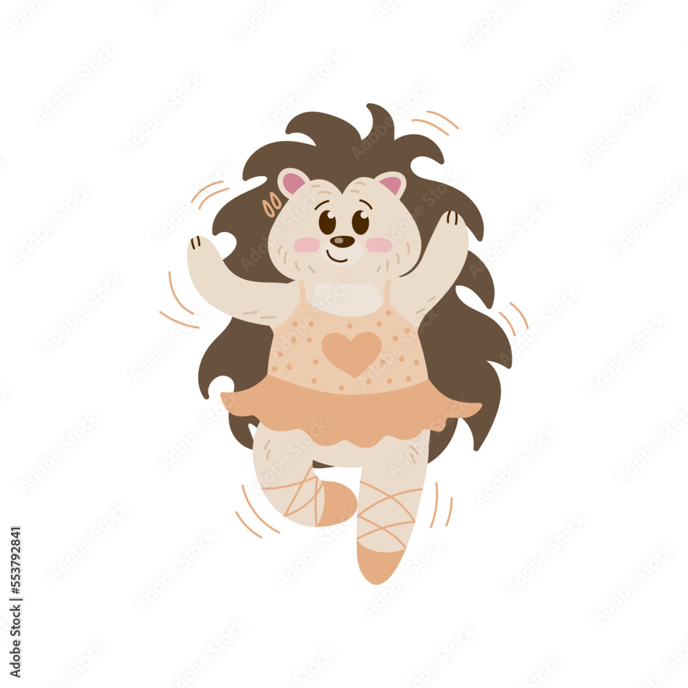 Obraz premium Baby hedgehog as fairy orange in tutu and pointe shoes in Scandinavian style. Cute animal ballerina character vector illustration. Ballet concept for birthday card or shirt designs for girls