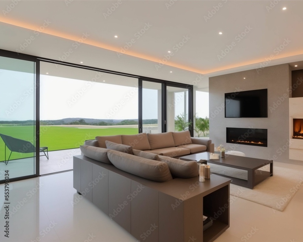 Fototapeta premium Interior of house, modern comfortable living room with fireplace