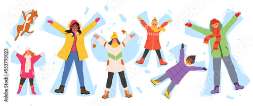 Cartoon friends and family characters making wings in snow, cheerful woman and man, kids and dog lie in frozen snowdrifts outside. People make snow angels, view from above vector illustration