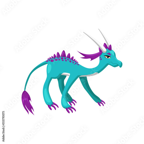 Horned blue fairytale monster. Cute colorful baby dragon and dinosaur cartoon illustration. Reptiles  wild animal concept