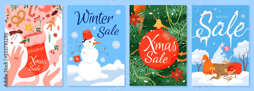 Cartoon cute bunny and snowman with percentage discount offer tag, burst of gifts from red stocking for social media story promotion. Winter sales card and banner templates set vector illustration