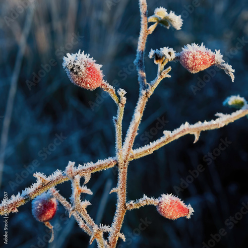 Bright red rose hips on their stems, covered in spikes of rime and frost, bright red against a muted winter undergrowth background.