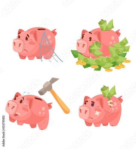 Sad piggybank cartoon character vector illustrations set. Comic piggy bank with cobweb, banknotes and coins, hammer, upset broken pig moneybox on white background. Finances, banking, debt concept