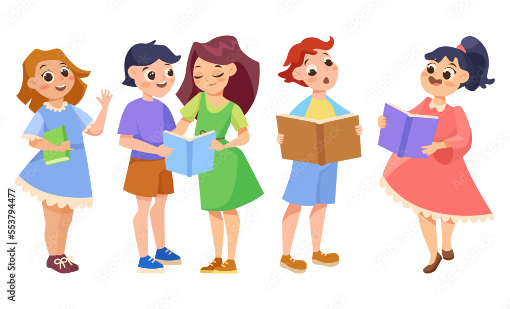 Cute children reading books vector illustrations set. Cartoon drawings of girls and boys with textbooks or novels isolated on white background. Education, childhood, literature concept Cute children reading books vector illustrations set. Cartoon drawings of girls and boys with textbooks or novels isolated on white background. Education, childhood, literature concept