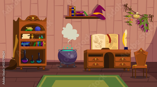 Interior of classroom in wizard school vector illustration. Cartoon drawing of room with cauldron, bookcase, broom stick, books and witch hat on shelf. Witchcraft, education, magic concept