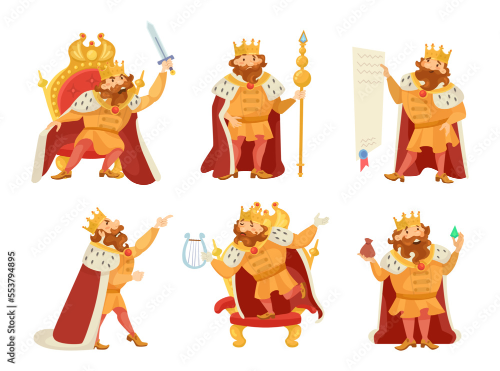 Funny king in different poses vector illustrations set. Medieval