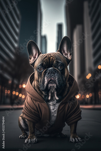 French bulldog portrait in the street. Concept of animal life, care, health and pets. AI