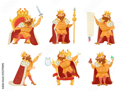 Funny king in different poses vector illustrations set. Medieval monarch character sitting on throne, playing lyre, holding document and staff on white background. Monarchy, royalty, fairytale concept