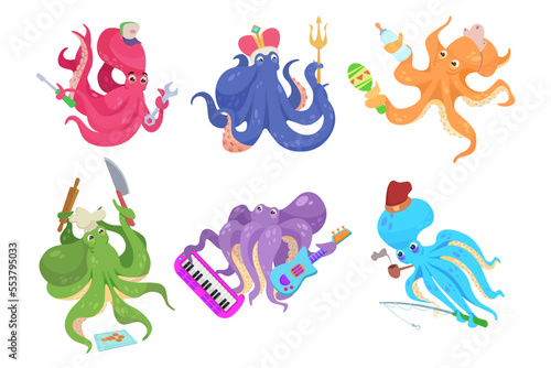 Different actions of comic octopuses vector illustrations set. Colorful sea creature cartoon characters with musical instruments, knife, wrench, trident on white background. Marine life concept