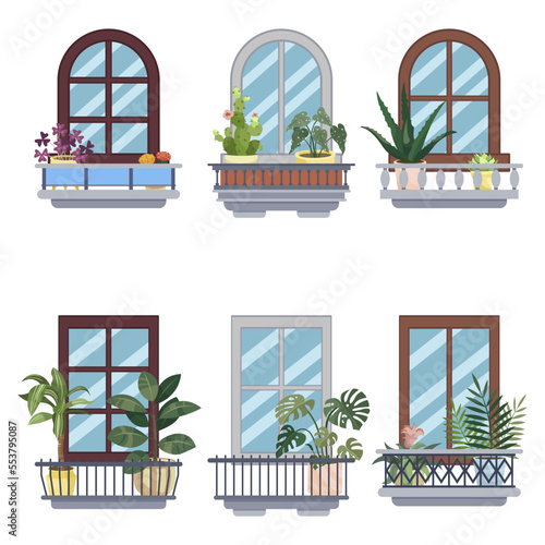 Windows and small balconies with plants vector illustrations set. Collection of cartoon drawings of little balconies with houseplants isolated on white background. Architecture, nature concept